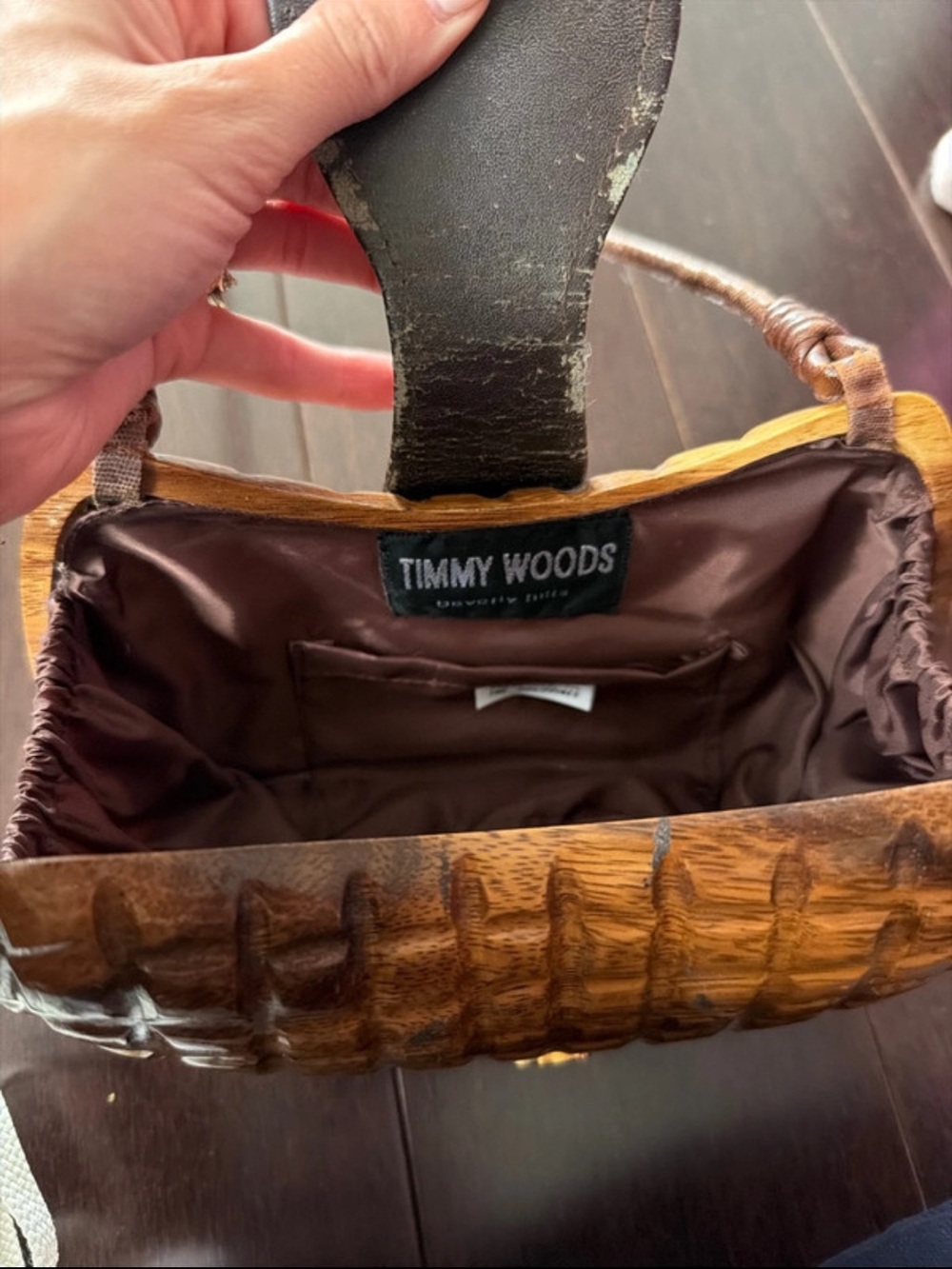 Timmy Woods Brown Wood-Textured Clutch with Leather Strap